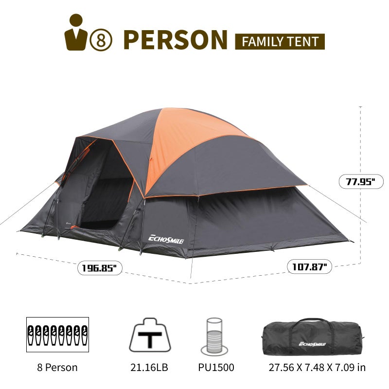 EchoSmile 10/12 Person Camping Tent â€“ Waterproof Windproof Tent with Rainfly Easy Set up, Black & Orange - Image 3