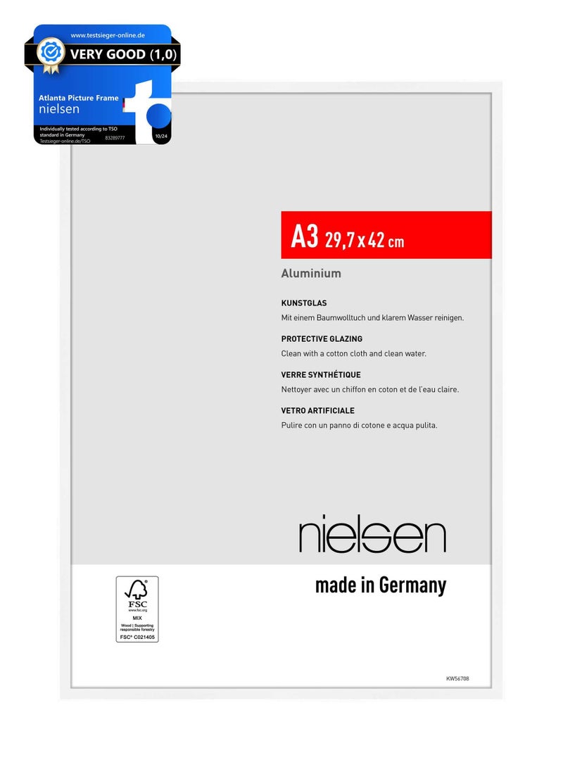 nielsen Atlanta Aluminium Picture Frame Matt White A3 297x42cm with Push and Turn Clips