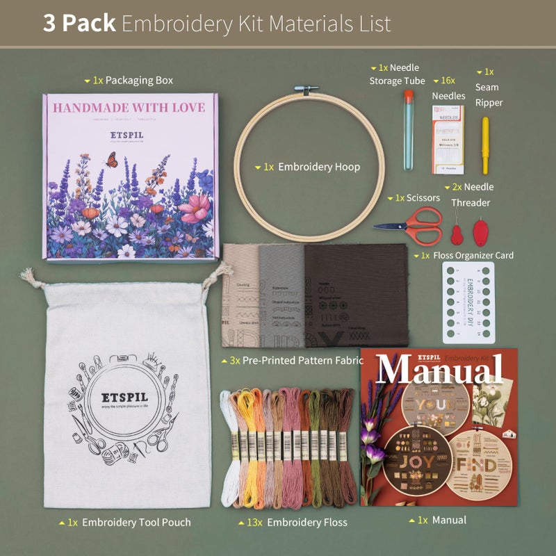 ETSPIL Find Your Joy Beginner Embroidery Kit,3 Pack DIY Starter Kits for Adults with 42 Stitch, Stamped Patterns, Floral Designs, Embroidery Hoop, Colorful Floss, Video Tutorials, and Storage Bag - Image 2