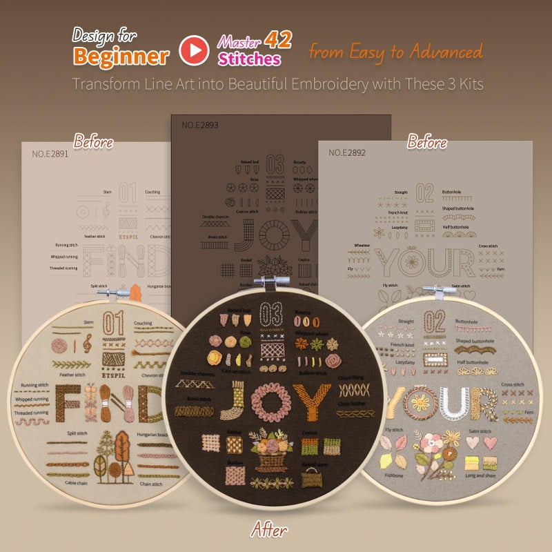 ETSPIL Find Your Joy Beginner Embroidery Kit,3 Pack DIY Starter Kits for Adults with 42 Stitch, Stamped Patterns, Floral Designs, Embroidery Hoop, Colorful Floss, Video Tutorials, and Storage Bag - Image 3
