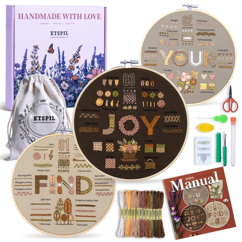 ETSPIL Find Your Joy Beginner Embroidery Kit,3 Pack DIY Starter Kits for Adults with 42 Stitch, Stamped Patterns, Floral Designs, Embroidery Hoop, Colorful Floss, Video Tutorials, and Storage Bag - Image 1