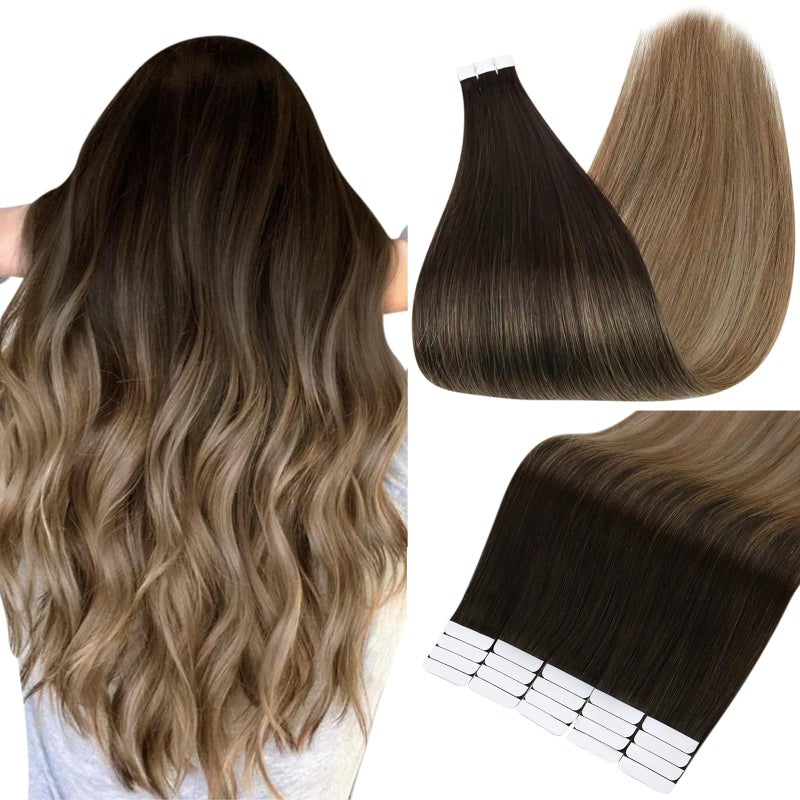 Full Shine Tape in Hair Extension Human Hair 12 Inch Adhesive Hair Extensions Tape Ins Color 2 Brown Fading to 6 and 18 Ash Blonde Natural Tape Hair Extension 20Pcs 30 Grams for Wedding