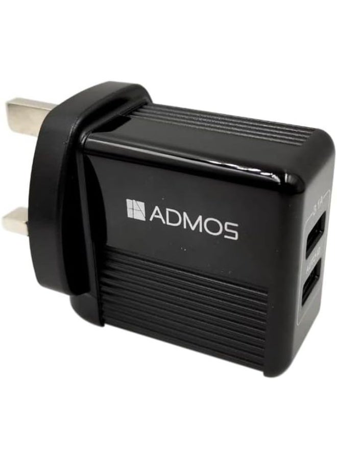 أدموس شاحن ومحول USB مزدوج عالي الجودة من ADMOS بقوة 30 واط / تيار مستمر 5 فولت 3.1 أمبير / 100-240 فولت / 50/60 هرتز / غلاف أسود / موصل للهواتف الذكية - Image 4