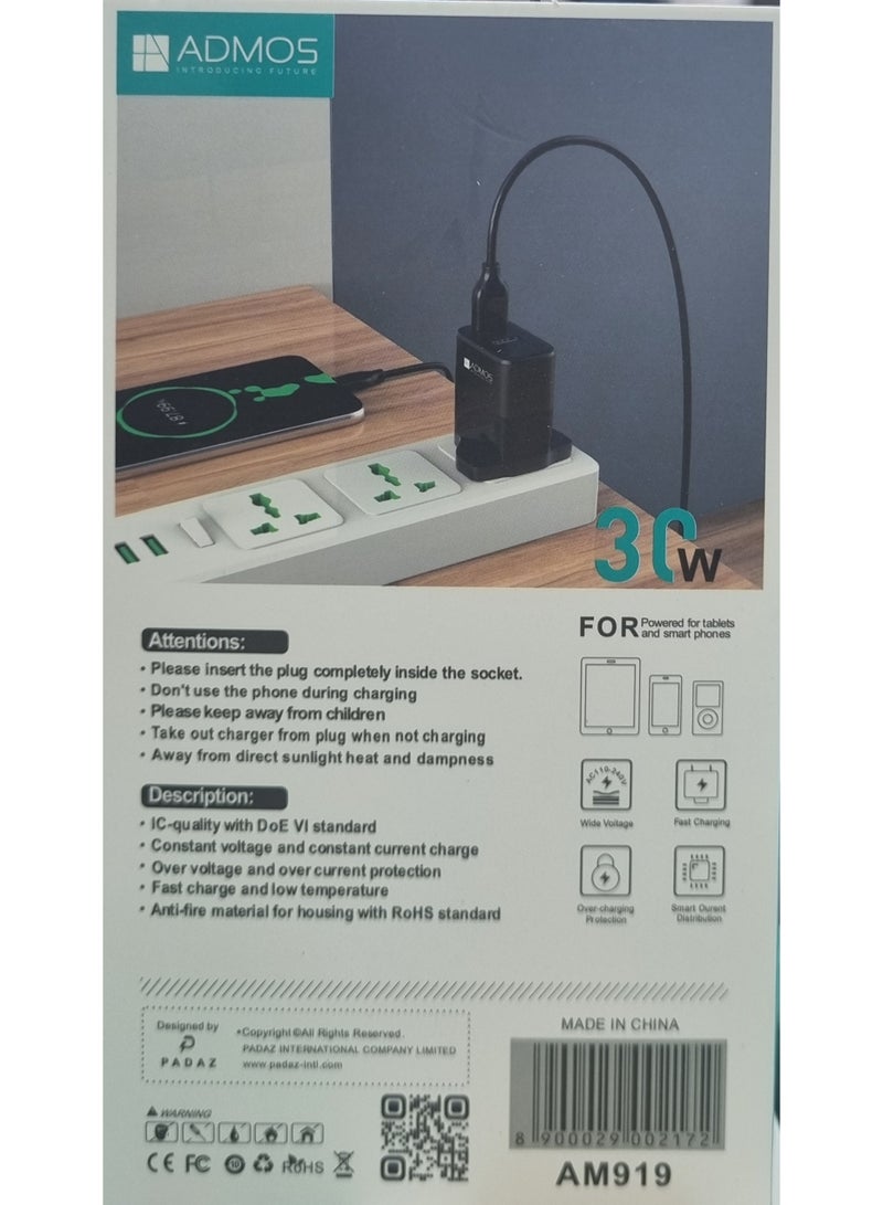 أدموس شاحن ومحول USB مزدوج عالي الجودة من ADMOS بقوة 30 واط / تيار مستمر 5 فولت 3.1 أمبير / 100-240 فولت / 50/60 هرتز / غلاف أسود / موصل للهواتف الذكية - Image 2