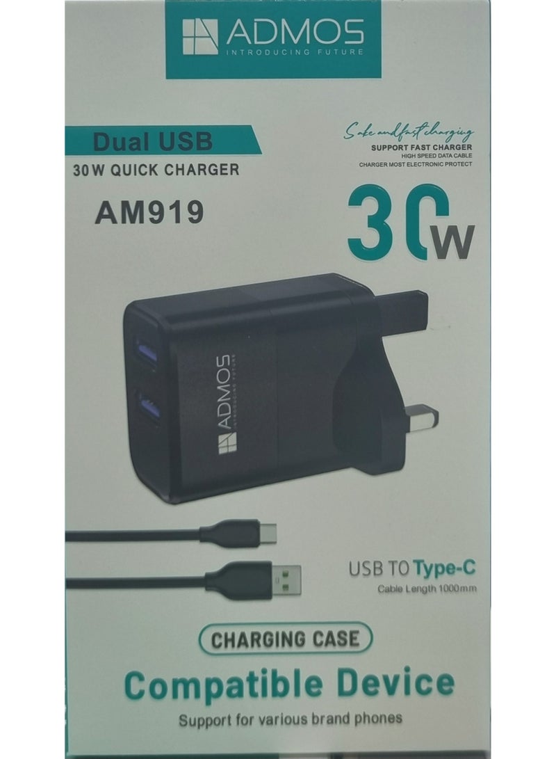 أدموس شاحن ومحول USB مزدوج عالي الجودة من ADMOS بقوة 30 واط / تيار مستمر 5 فولت 3.1 أمبير / 100-240 فولت / 50/60 هرتز / غلاف أسود / موصل للهواتف الذكية - Image 1