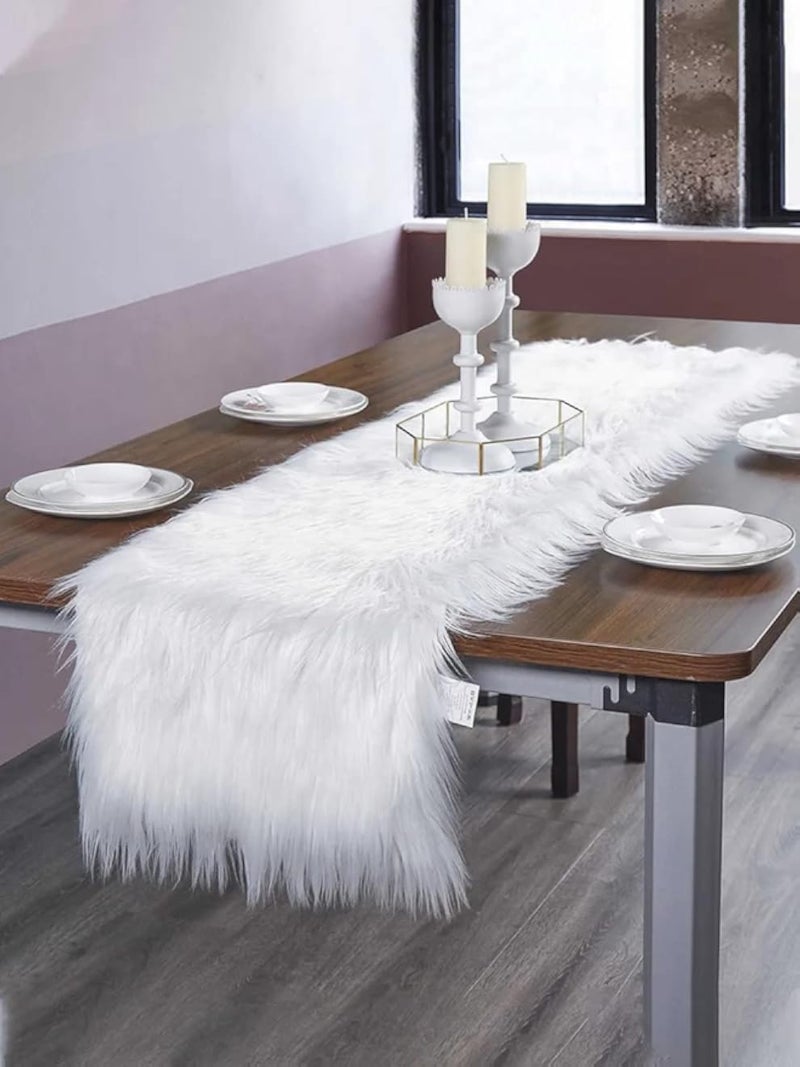 مفرش طاولة مزخرف بالفرو - مفرش طاولة طويل فاخر وعصري لغرفة الطعام أو القهوة، مفرش طاولة مستطيل للمطبخ أو المنزل أو غرفة المعيشة (أبيض (فرو))