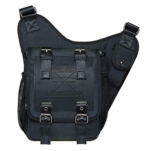 KAUKKO Mens Vintage Canvas Shoulder Military Bag Sling Bags Chest Leather Patchwork Messenger Bag - Great Christmas Birthday Gift for Families and Friends (Nylon Black) - Image 1