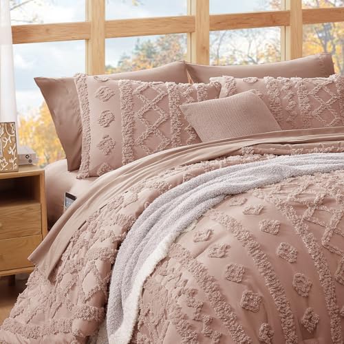 WRENSONGE Full Size Comforter Set with Sheets - 7 Pieces Rusty Pink Tufted Bed in a Bag Full Shabby Chic Bedding Sets with 1 Comforter, 2 Sheets, 2 Pillowcases & 2 Shams - Image 3