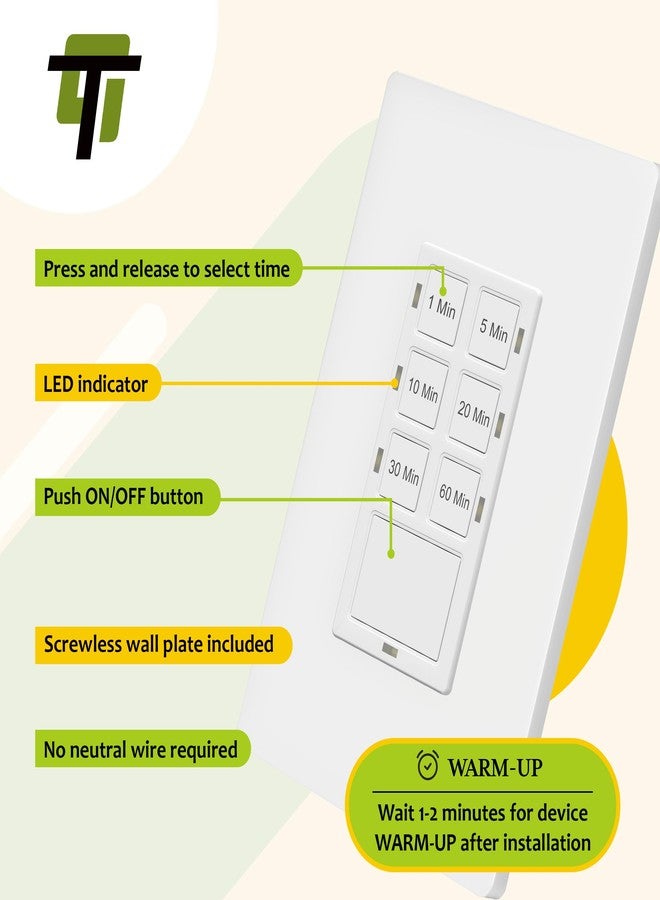 TG 1-Hour Countdown Timer Switch, for Bathroom Exhaust Fans, Heaters, Lights, LED Indicator, 120VAC 800W, No Neutral Wire Required, UL Listed, Screwless Wall Plate, White, 1 Pack - Image 5