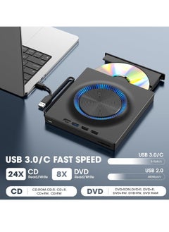 ماركة غير محددة محرك DVD خارجي، ناسخ أقراص مضغوطة، مشغل DVD مع محاور USB 3.0 و USB-C وقارئ بطاقة SD، DVD محمول، محرك CD ROM +/-RW، محرك CD محمول لأجهزة الكمبيوتر المحمولة وماكينتوش  - Image 4