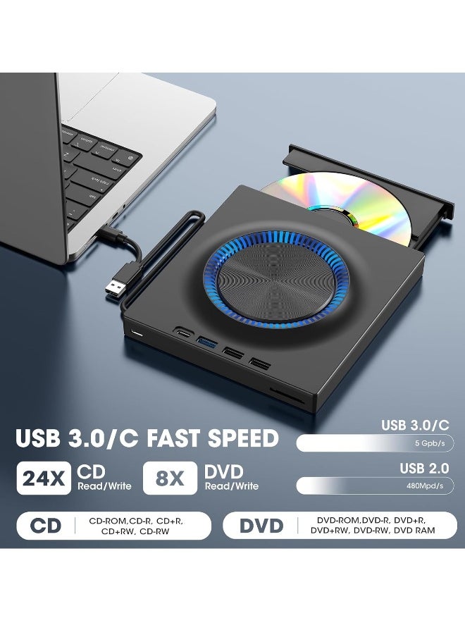 ماركة غير محددة - محرك DVD خارجي، ناسخ أقراص مضغوطة، مشغل DVD مع محاور USB 3.0 و USB-C وقارئ بطاقة SD، DVD محمول، محرك CD ROM +/-RW، محرك CD محمول لأجهزة الكمبيوتر المحمولة وماكينتوش - Image 1