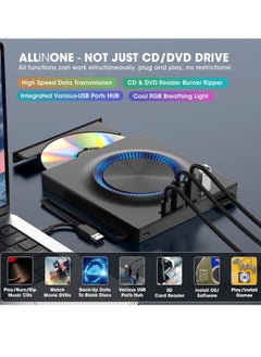 ماركة غير محددة محرك DVD خارجي، ناسخ أقراص مضغوطة، مشغل DVD مع محاور USB 3.0 و USB-C وقارئ بطاقة SD، DVD محمول، محرك CD ROM +/-RW، محرك CD محمول لأجهزة الكمبيوتر المحمولة وماكينتوش  - Image 2