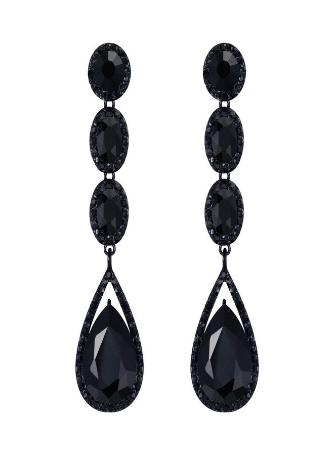 Flyonce Wedding Bridal Rhinestone Crystal Multi Teardrop Pierced Dangle Earrings Black Black-Tone - Image 1