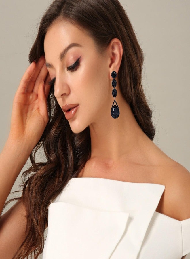 Flyonce Wedding Bridal Rhinestone Crystal Multi Teardrop Pierced Dangle Earrings Black Black-Tone - Image 3