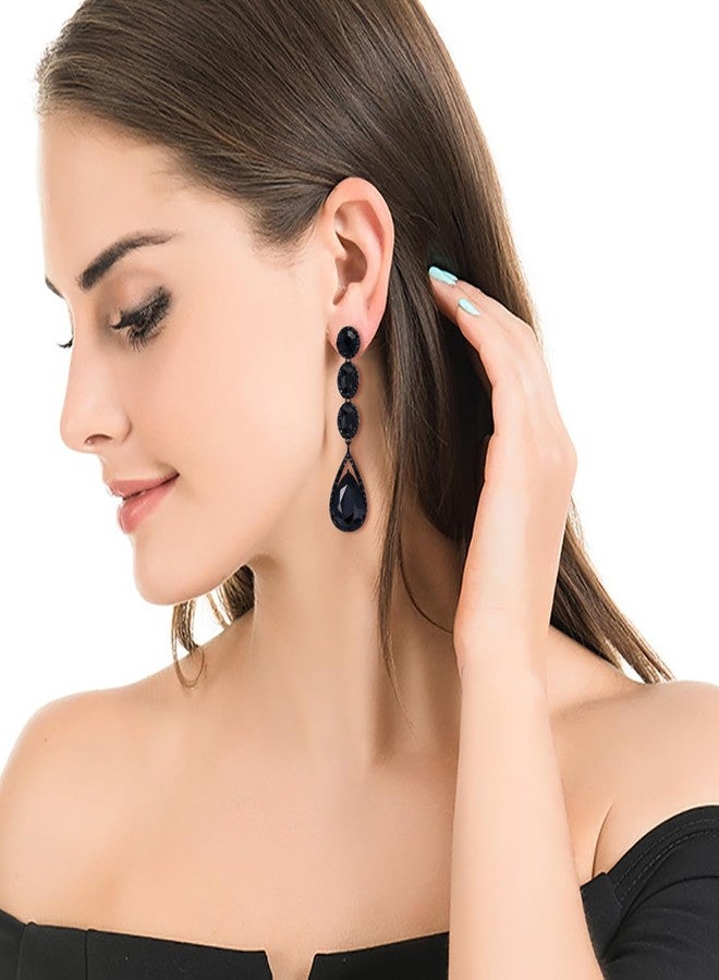 Flyonce Wedding Bridal Rhinestone Crystal Multi Teardrop Pierced Dangle Earrings Black Black-Tone - Image 2