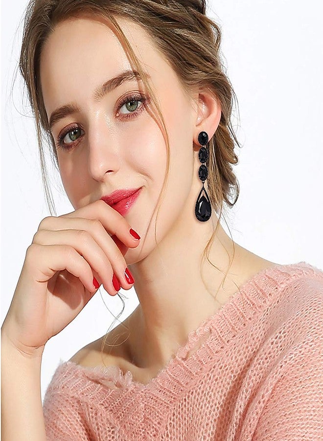 Flyonce Wedding Bridal Rhinestone Crystal Multi Teardrop Pierced Dangle Earrings Black Black-Tone - Image 4