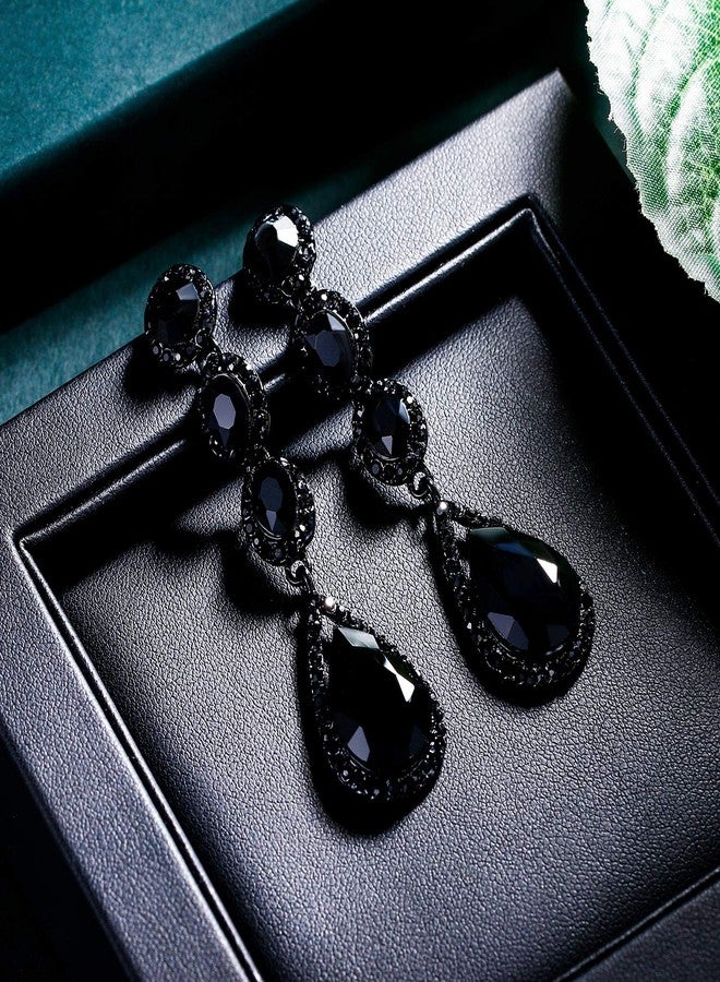 Flyonce Wedding Bridal Rhinestone Crystal Multi Teardrop Pierced Dangle Earrings Black Black-Tone - Image 5