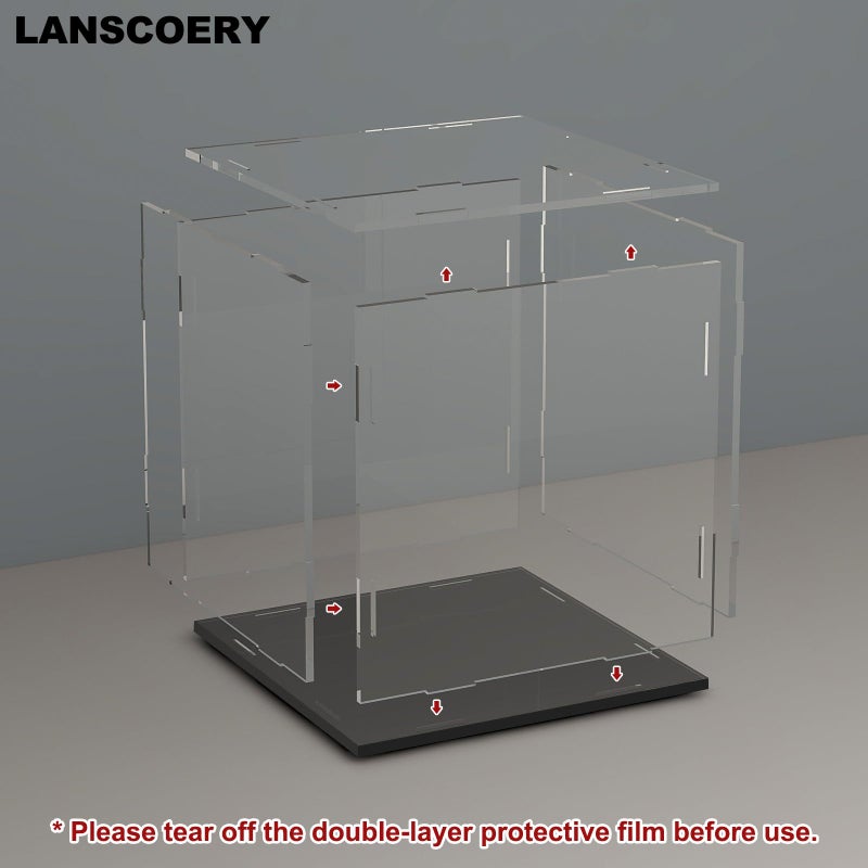 LANSCOERY LANSCOERY Acrylic Display Case, Assemble Small Showcase Display Box for Collectibles, with Dustproof & Seamless Display Design 4x4x4inch Black Base  - Image 3