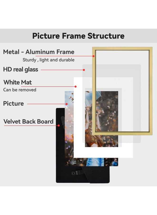 BKABOT 5x7 Picture Frame Set of 3, Brass Metal Photo Frames with HD Glass, Fits 4x6 with Mat or 5x7 without Mat, Wall Hanging and Table Display - Image 4