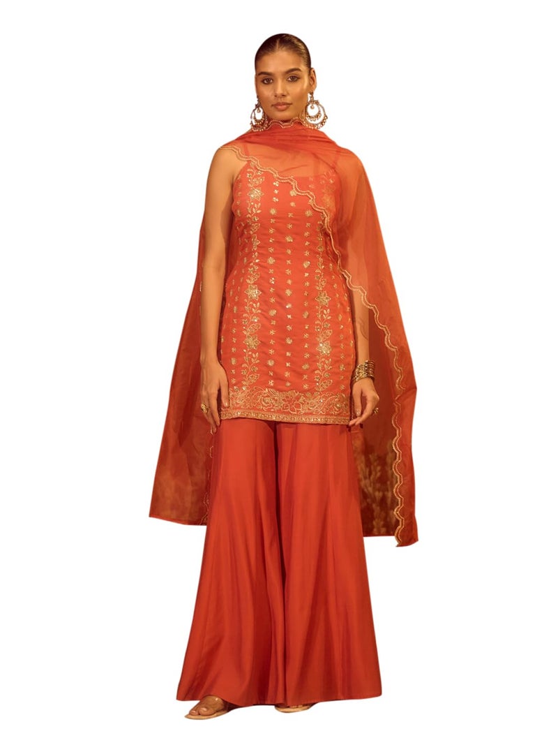 FIORRA Women’s Orange Viscose Chanderi Embroidered Ethnic Straight Kurta Set with Dupatta - Image 1