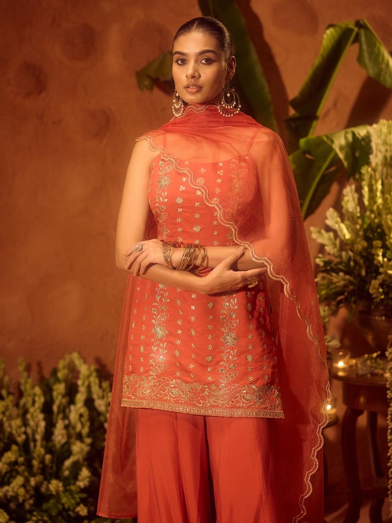 FIORRA Women’s Orange Viscose Chanderi Embroidered Ethnic Straight Kurta Set with Dupatta - Image 5