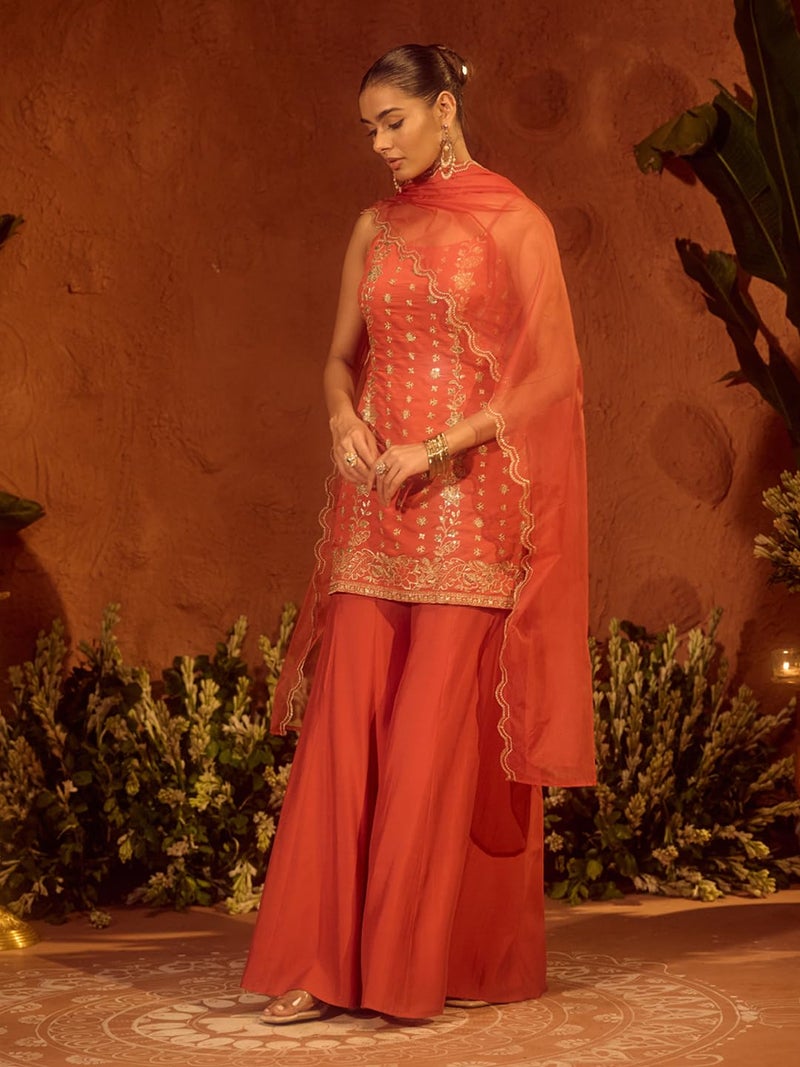 FIORRA Women’s Orange Viscose Chanderi Embroidered Ethnic Straight Kurta Set with Dupatta - Image 4