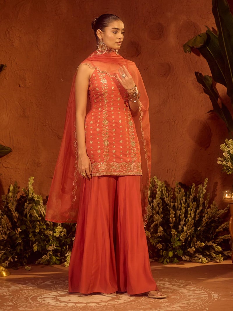 FIORRA Women’s Orange Viscose Chanderi Embroidered Ethnic Straight Kurta Set with Dupatta - Image 3