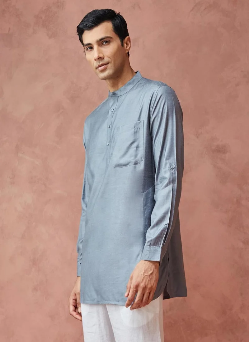 فاب انديا Grey Viscose Silk Slim Fit Short Kurta