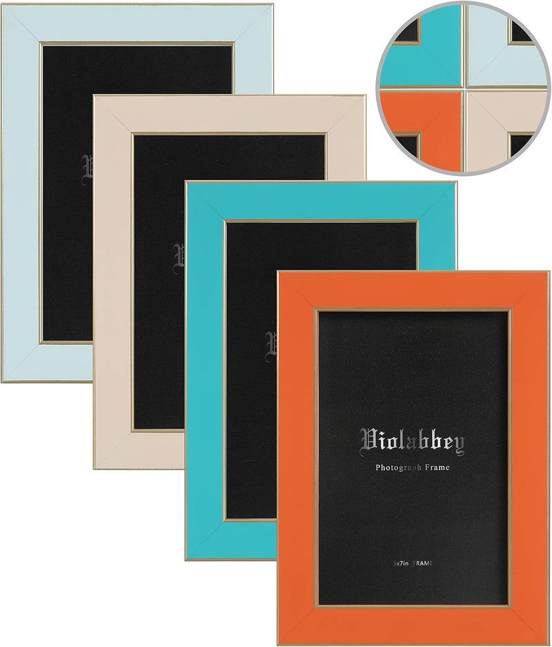VIOLABBEY 5x7 Picture Frames Set of 4, Colorful Photo Frame of Modern Style, High Definition Tempered Real Glass, Wall Mounted or Tabletop Display (Blue+light blue+orange+apricot) - Image 1
