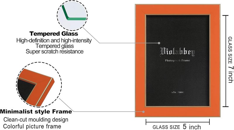 VIOLABBEY 5x7 Picture Frames Set of 4, Colorful Photo Frame of Modern Style, High Definition Tempered Real Glass, Wall Mounted or Tabletop Display (Blue+light blue+orange+apricot) - Image 3