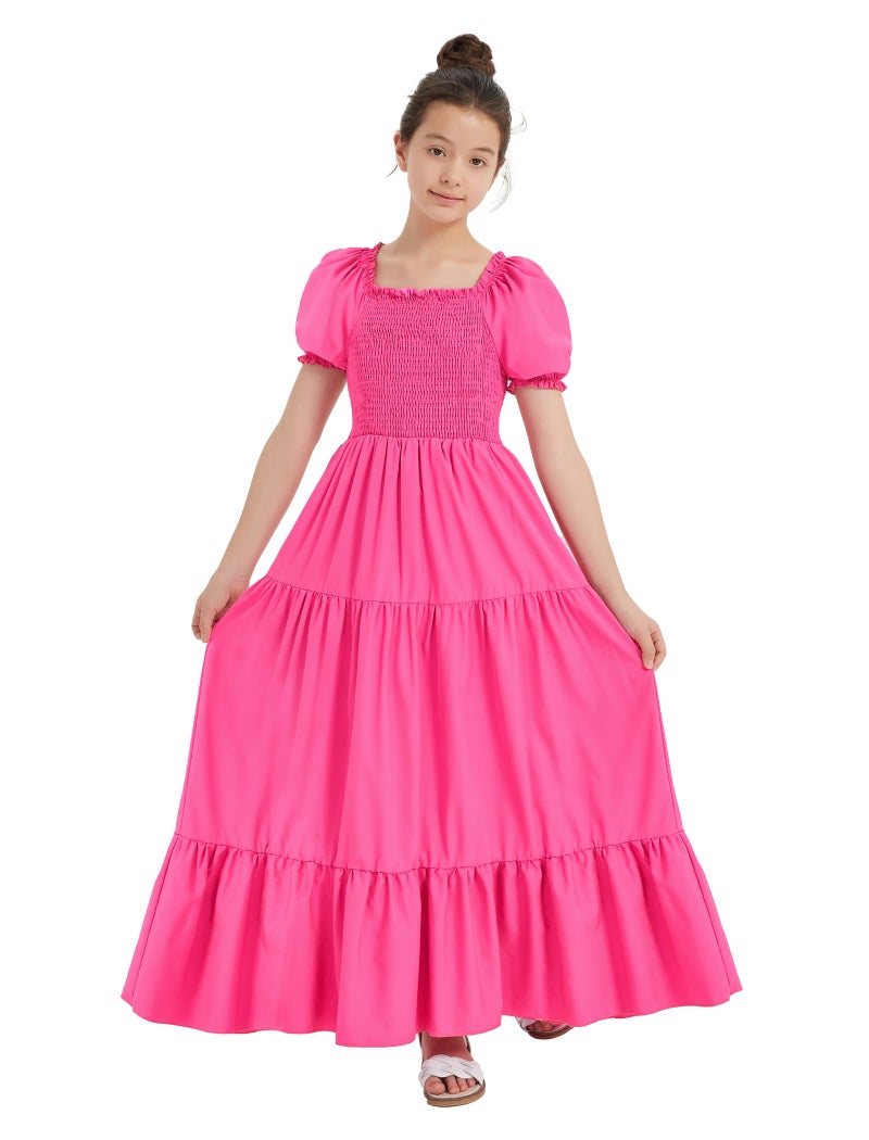 EXARUS Girls Maxi Long Dress Tween Dresses Summer Aline Teen Square Neck Short Sleeve Smocked Casual 1012 Hot Pink 10Y