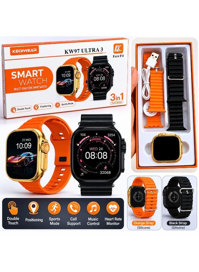 ساعة KEQIWEAR KW97 Ultra 3 الذكية، طقم 3 في 1 | مكالمات بلوتوث | وضع رياضي | مراقب معدل ضربات القلب | وجوه ساعة متعددة | أحزمة برتقالية وسوداء | هيكل ذهبي - Image 1