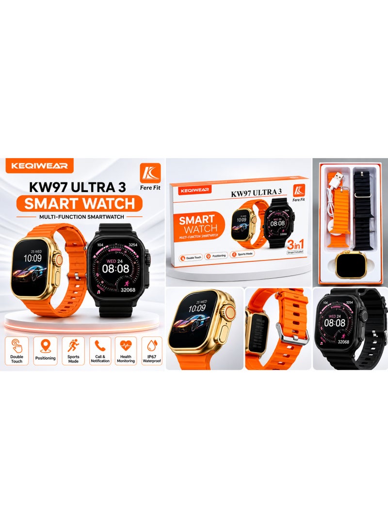 ساعة KEQIWEAR KW97 Ultra 3 الذكية، طقم 3 في 1 | مكالمات بلوتوث | وضع رياضي | مراقب معدل ضربات القلب | وجوه ساعة متعددة | أحزمة برتقالية وسوداء | هيكل ذهبي - Image 2