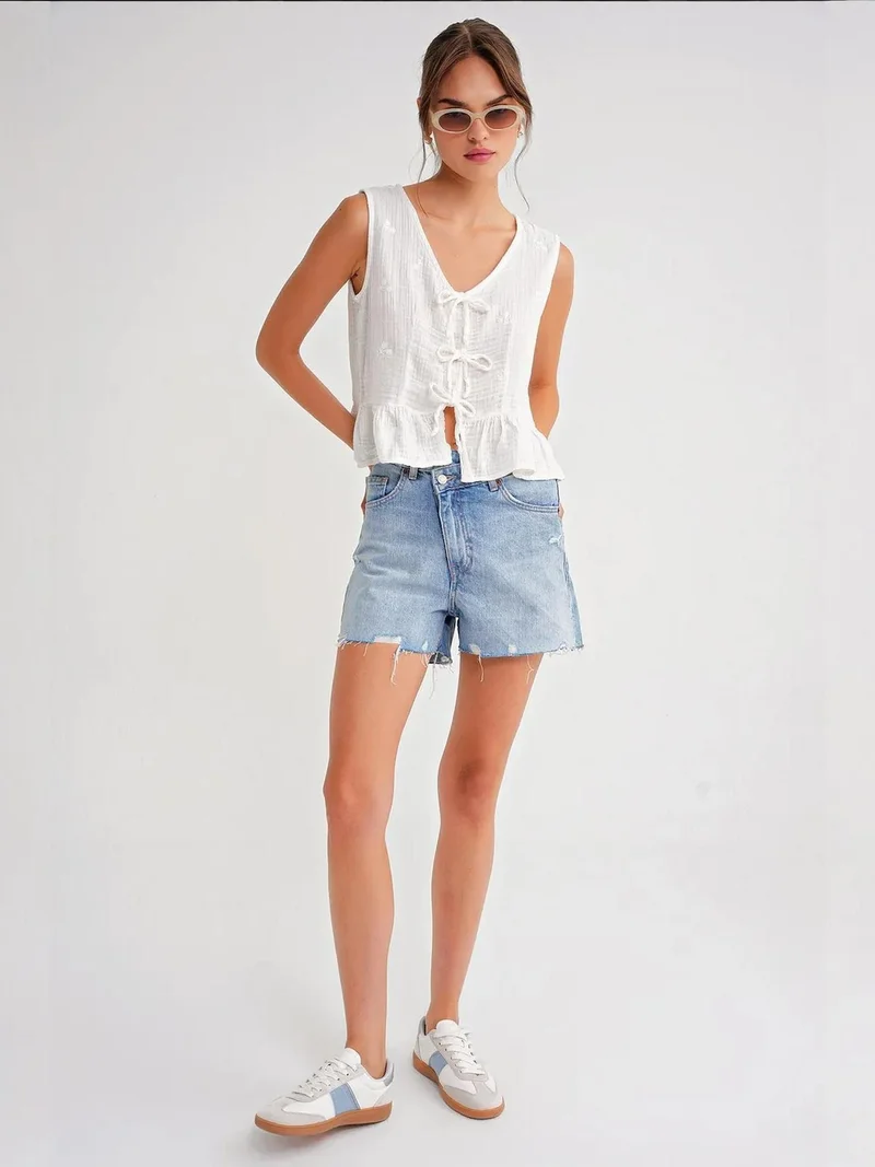 MixRay Mixray Textured V-Neck Crop Blouse with Bow