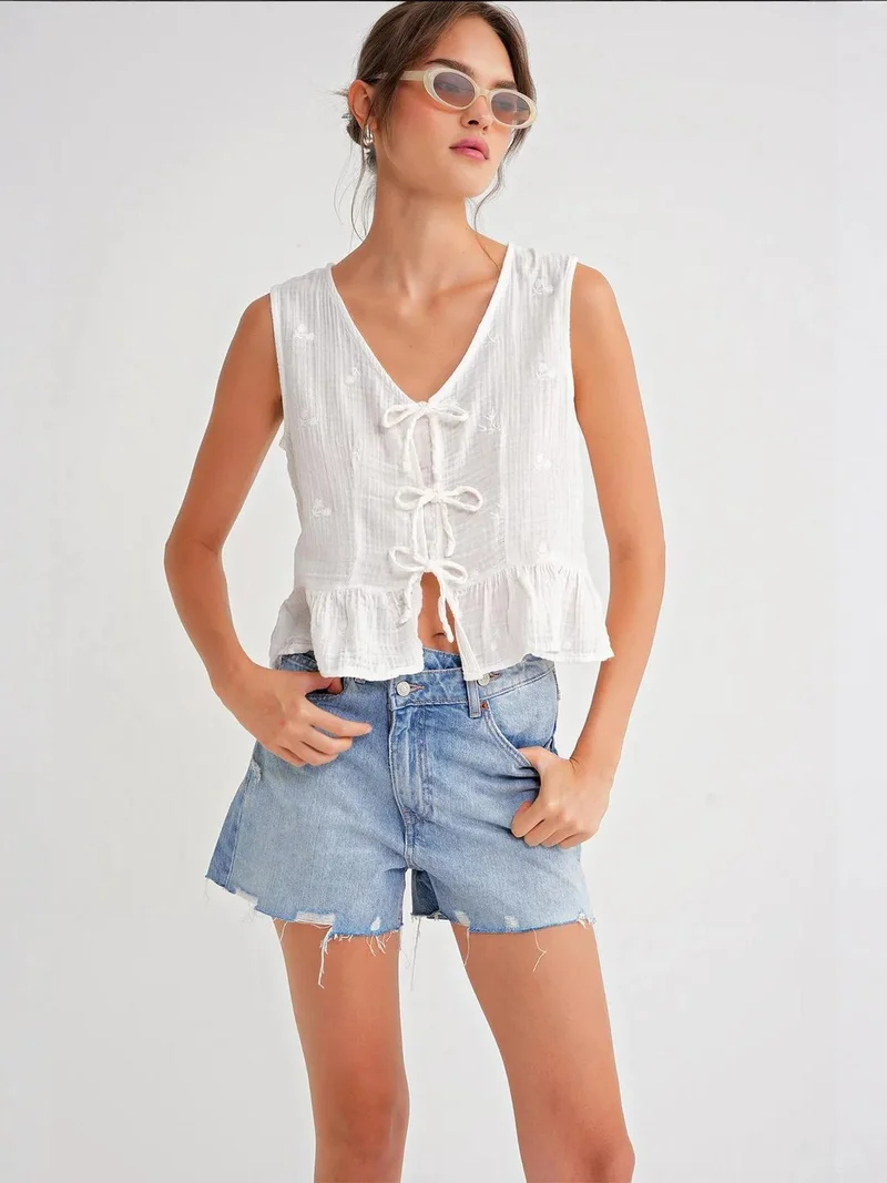 MixRay Mixray Textured V-Neck Crop Blouse with Bow
