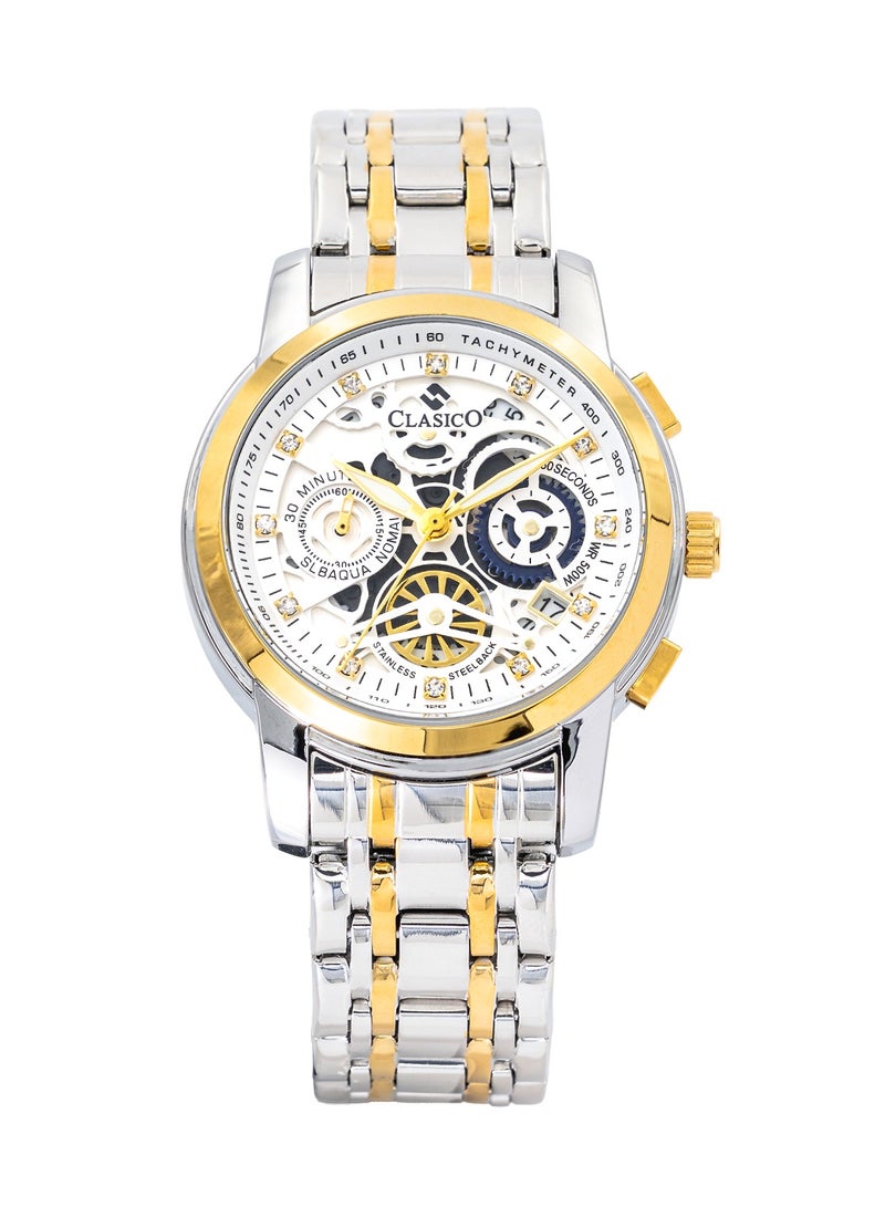 Clasico إصدار قرص الهيكل العظمي – أبيض وذهبي – ساعة كرونوغراف للرجال مع حزام فولاذي ناعم ثنائي اللون – تصميم مقاوم للماء - Image 1
