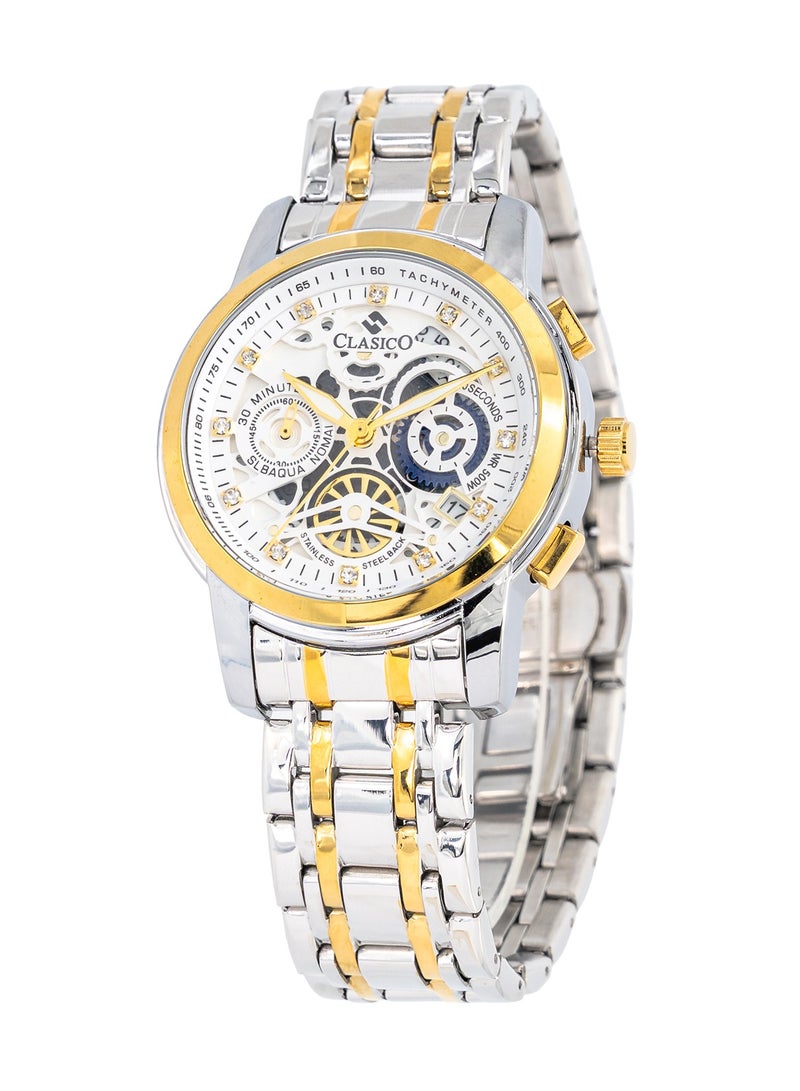 Clasico إصدار قرص الهيكل العظمي – أبيض وذهبي – ساعة كرونوغراف للرجال مع حزام فولاذي ناعم ثنائي اللون – تصميم مقاوم للماء - Image 2