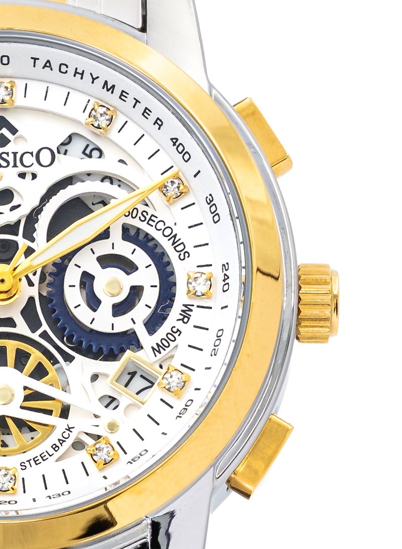 Clasico إصدار قرص الهيكل العظمي – أبيض وذهبي – ساعة كرونوغراف للرجال مع حزام فولاذي ناعم ثنائي اللون – تصميم مقاوم للماء - Image 3