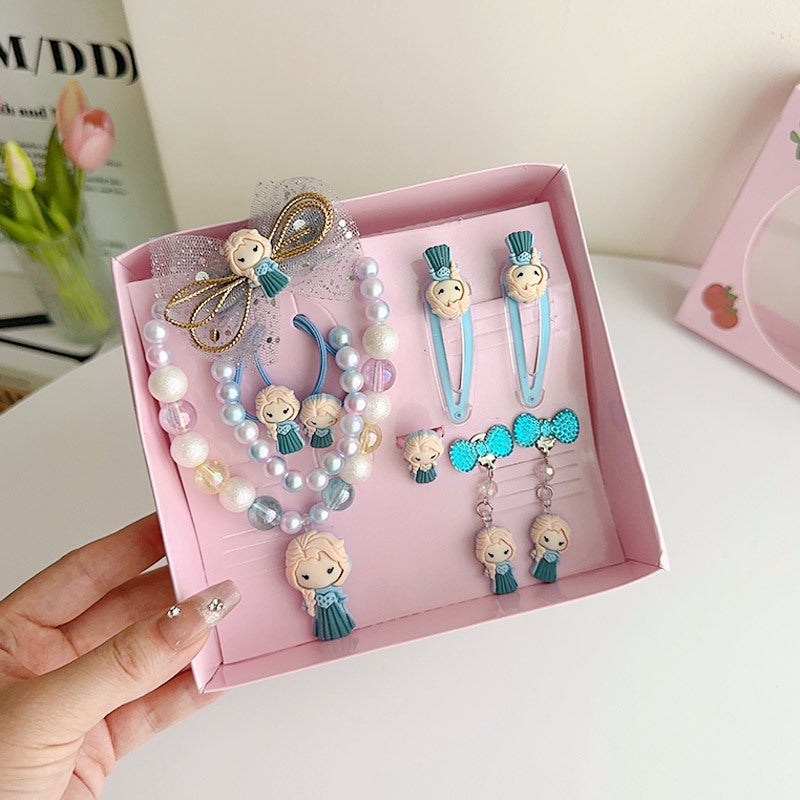 Generic Kids Jewelry Set Princess Necklace Earrings Ring Gift Box F8129-9# blue princess nine-piece boxed