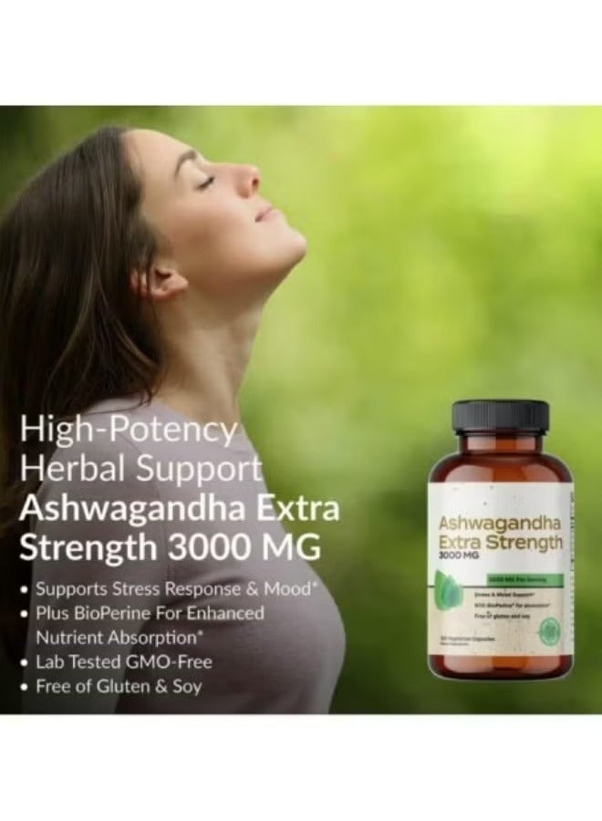 إكسترا كبسولات Ashwagandha قوة إضافية 3000mg صيغة تخفيف الإجهاد دعم المزاج الطبيعي 60 كبسولة - Image 2