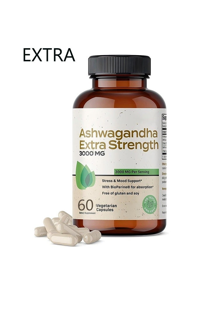 إكسترا كبسولات Ashwagandha قوة إضافية 3000mg صيغة تخفيف الإجهاد دعم المزاج الطبيعي 60 كبسولة - Image 1