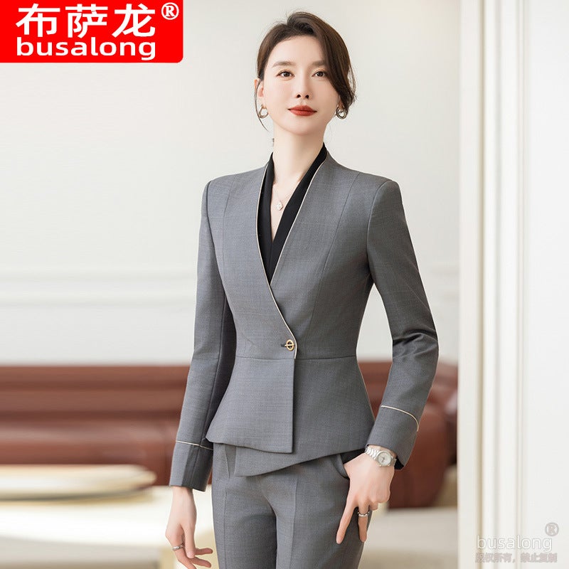 busalong Korean style womens long-sleeved professional suit formal suit pants suit interview sales work clothes 8053 gray top - Image 1