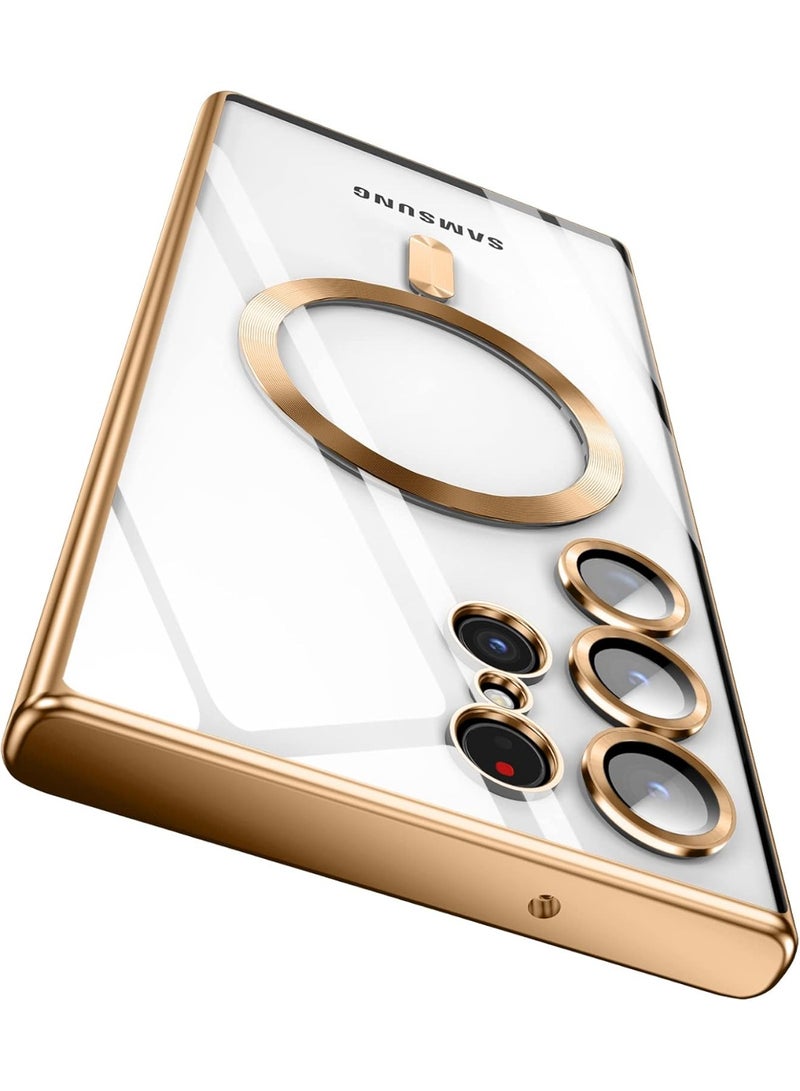 Electroplated Case For Samsung Galaxy S23 Ultra Camera Lens Full Protection Compatible with MagSafe Wireless Charging, Shockproof Soft TPU Phone Magnetic Cover (Gold) - Image 1