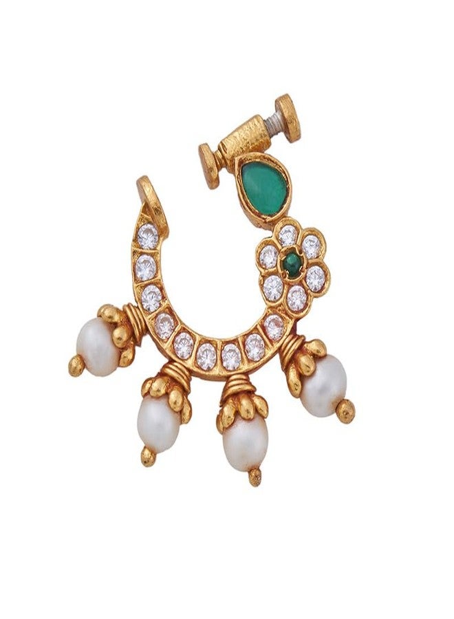 KUSHAL'S Fashion Jewellery Green-White Gold Plated Ethnic 92.5 Pure Silver Temple Nath - Image 1