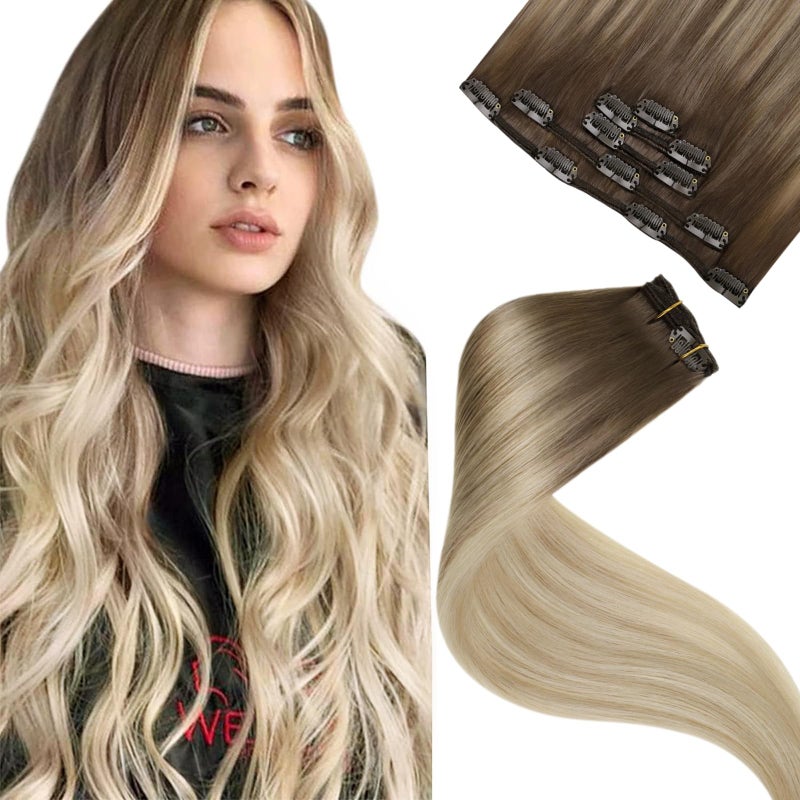 LaaVoo Clip in Hair Extensions Real Human Hair Blonde Ombre Human Hair Clip in Extensions Light Brown to Platinum Blonde Hair Extension Clip ins Silky Straight 18 Inch 5pcs/80g - Image 1