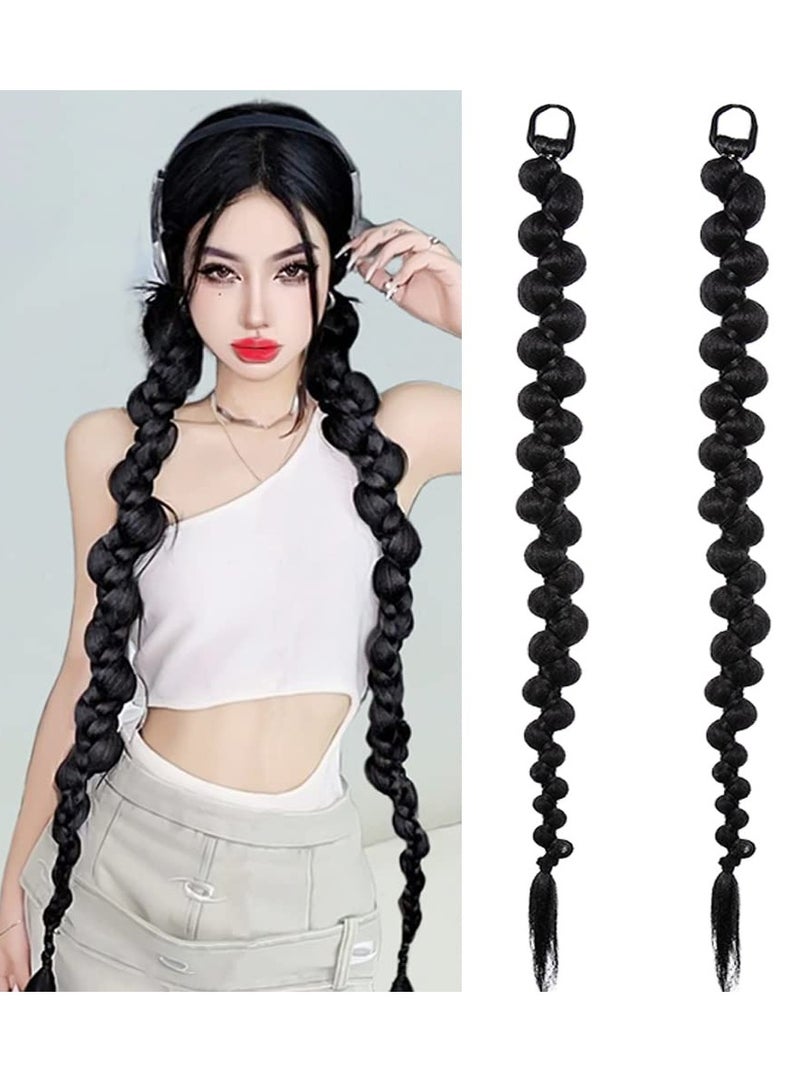 Loquat Fashionable Braided Ponytail Extensions, 2 Pcs Twist Style with Hair Tie, Natural Soft Synthetic Hair for Daily Wear, 70cm Length in Black - Image 1