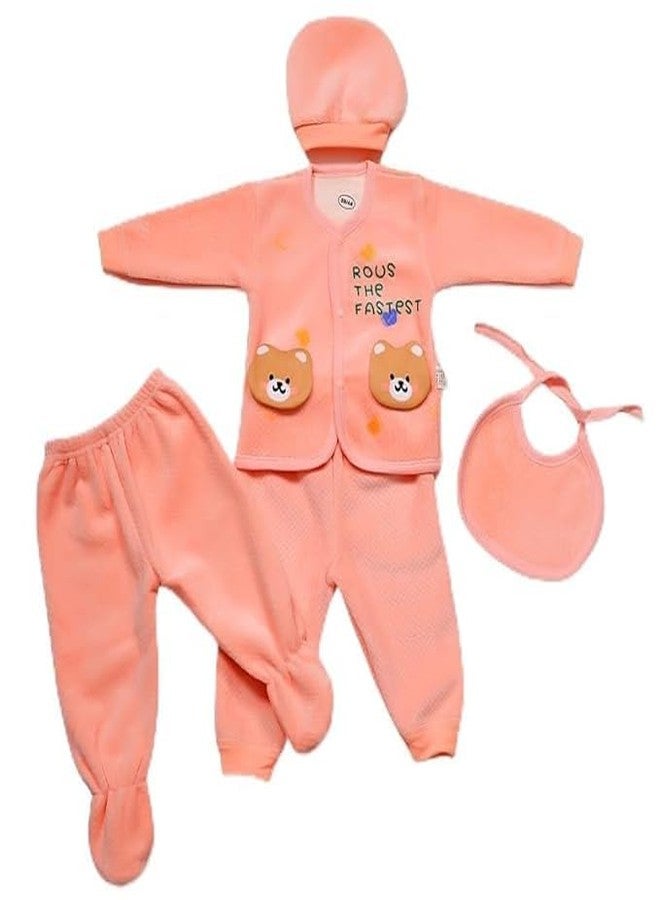 aRIC New Born Baby Boys & Baby Girls Casual Winter Dress - Track Suit, Bottom, Cap and Bib- 5 Piece Set (Peach, 0-3 months) - Image 1