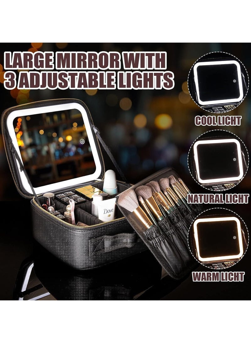 عام حقيبة مكياج سفر مع مرآة مضاءة، حقيبة تدريب مكياج مع فاصل قابل للتعديل، 3 درجات سطوع قابلة للتعديل، حقيبة تدريب مكياج احترافية للسفر - Image 3