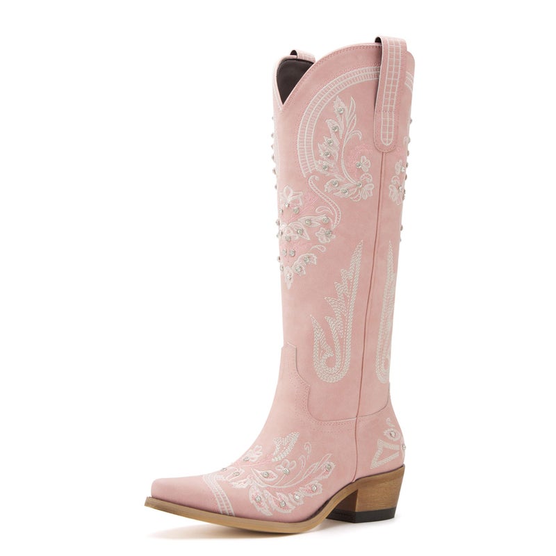 vodvob Western Cowboy Boots for Women Embroidered Rhinestones Knee High Cowgirl Boots Pointed Toe Chunky Heel Fashion Retro Classic Tall Boot - Image 1