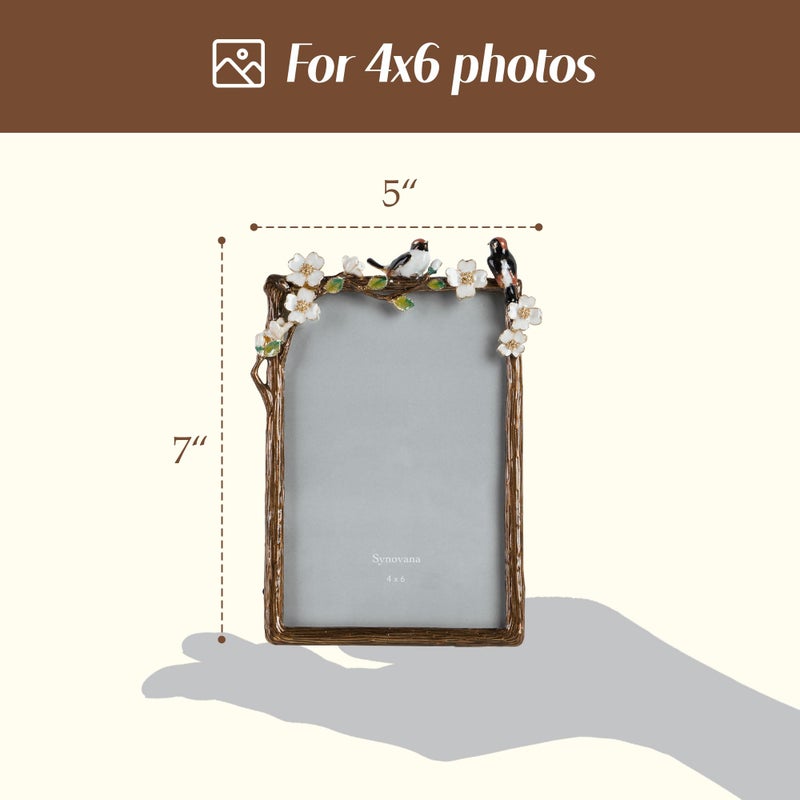 Synovana Romantic Bird and Blossom Tree Branch Picture Frame â€“ 4x6 Floral Photo Frame with Enamel Flowers and Lovebirds â€“ Vintage Nature-Inspired Gift for Couples and Home DÃ©cor - Image 2